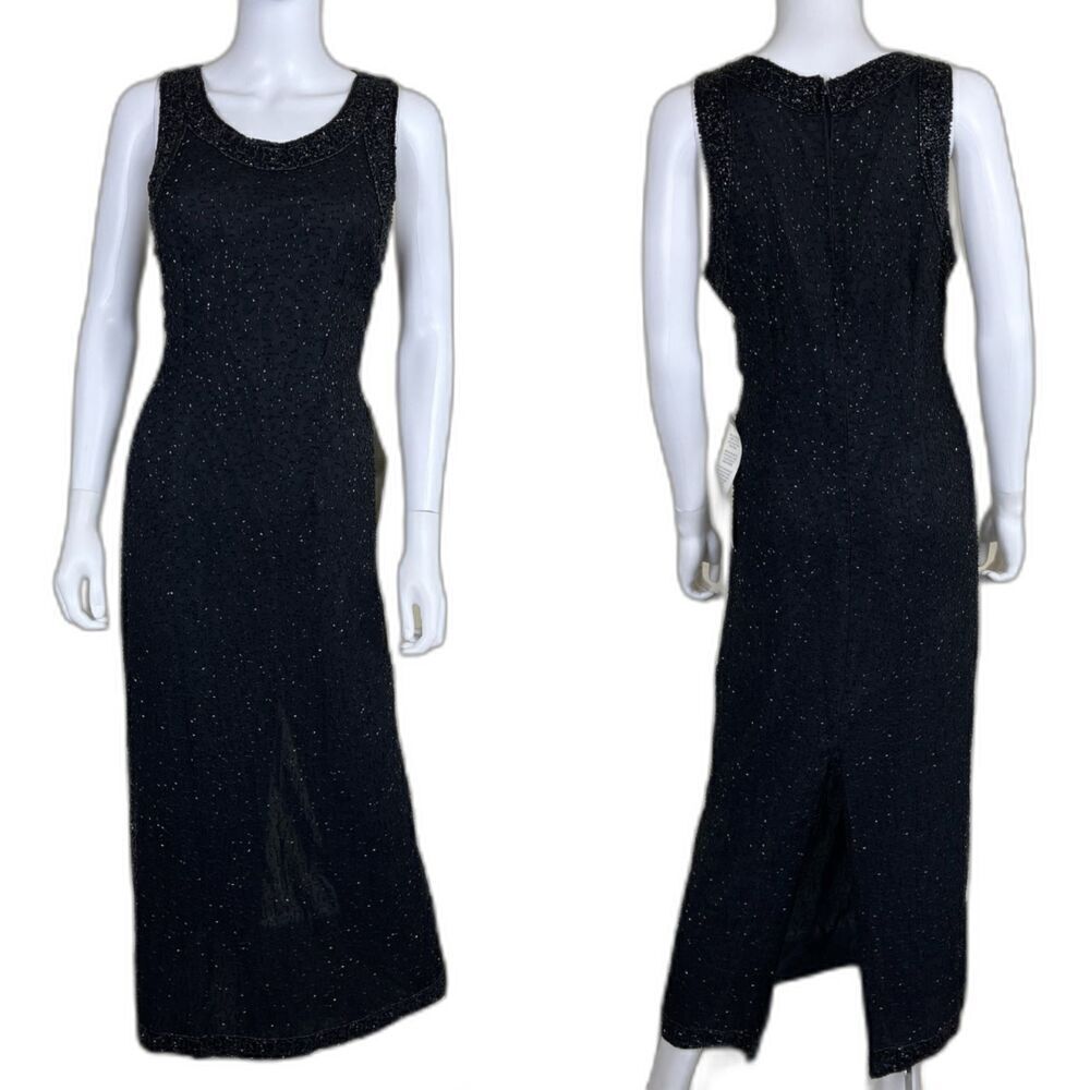 Vintage Laurence Kazar New York Womens Size PXL Black Beaded Silk Maxi Dress NEW